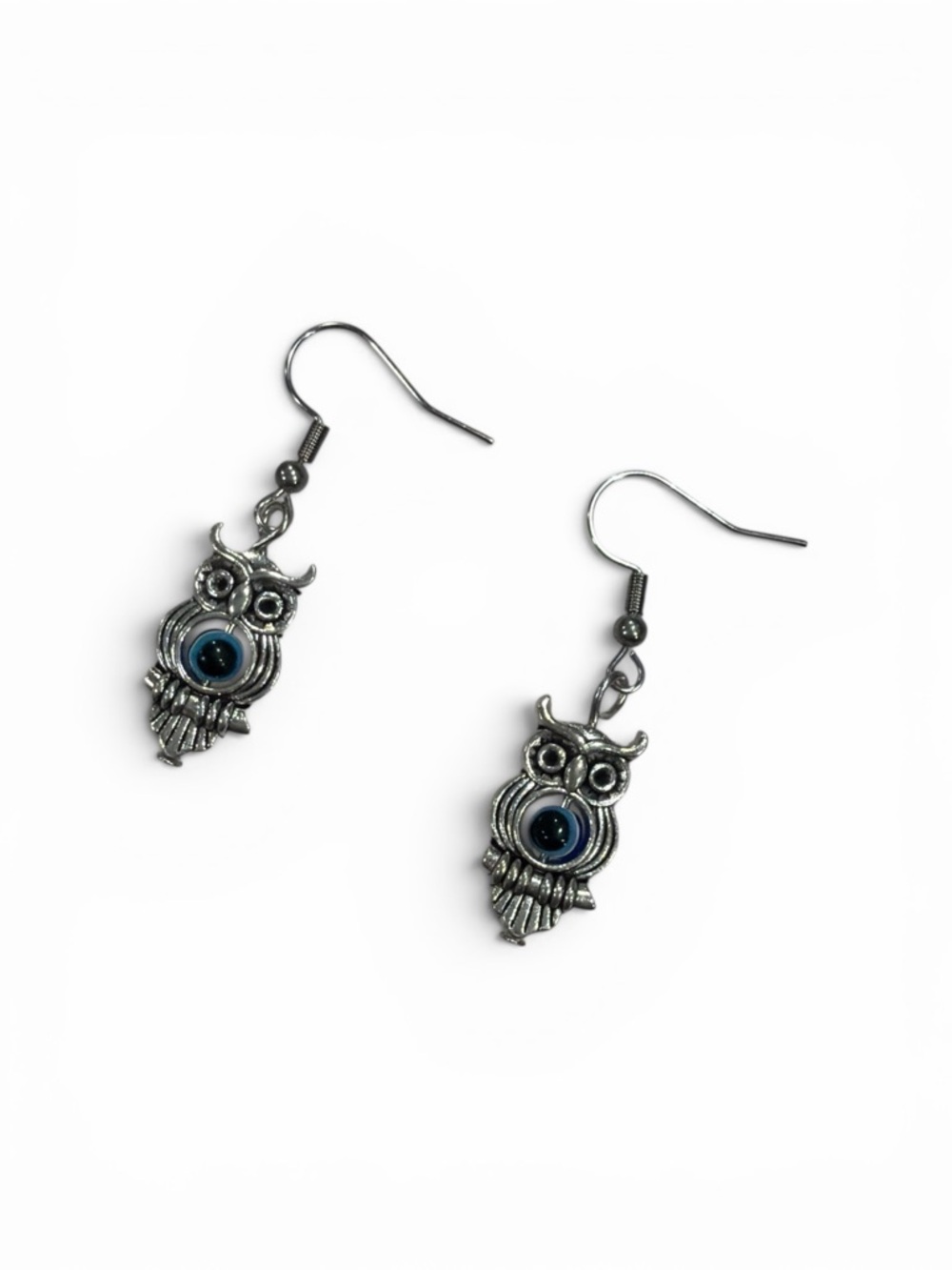 Silver Blue Owl Drop Earrings Evil Eye Protection Jewelry - Picture 2 of 3